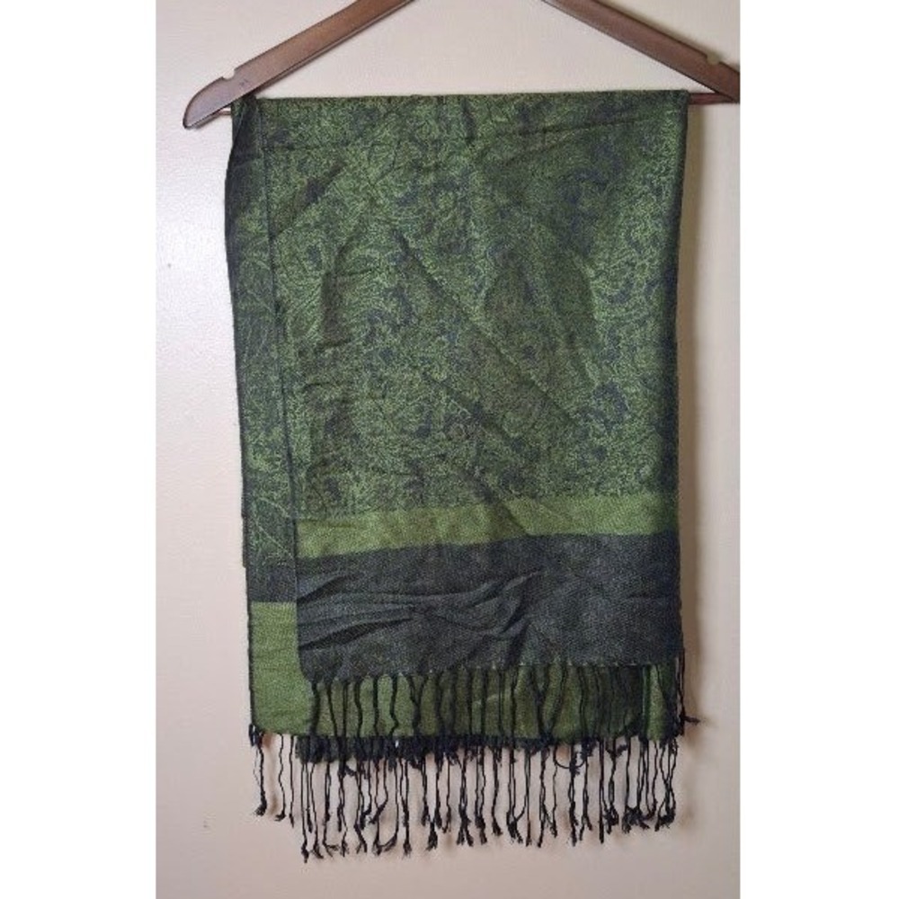 Pashmina Silk Blend Scarf Olive Green Black Paisley Jacquard Fringe Shawl Wrap
